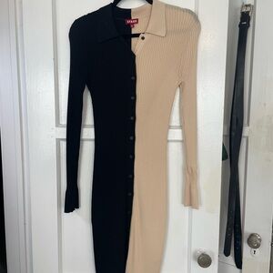 STAUD Two-Tone Ribbed Button-Down Dress — Black & Beige